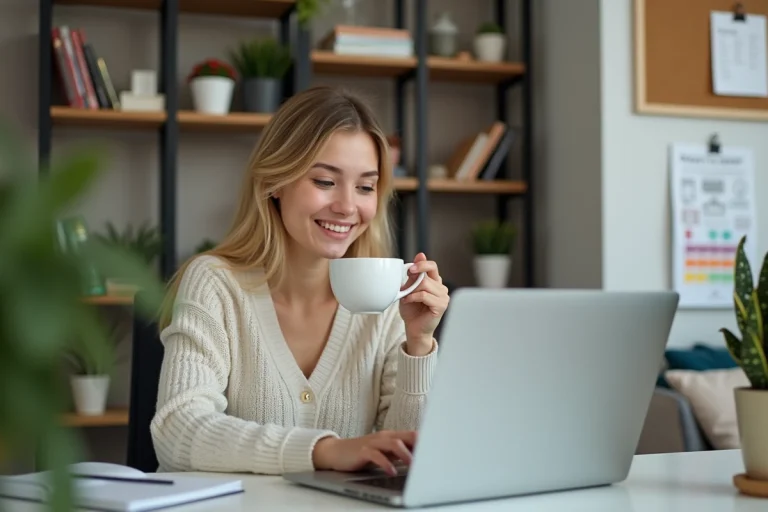 Jeune femme au bureau avec ordinateur et café pour {titre}