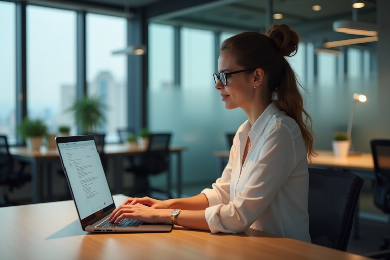 Femme en bureau moderne utilisant un ordinateur avec interface open source