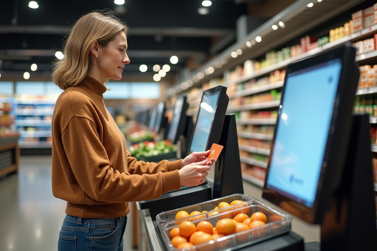 Femme en pull cashmere utilise un selfcheckout avec une carte premium