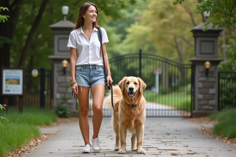 Jeune femme avec chien au parc Terra Botanica