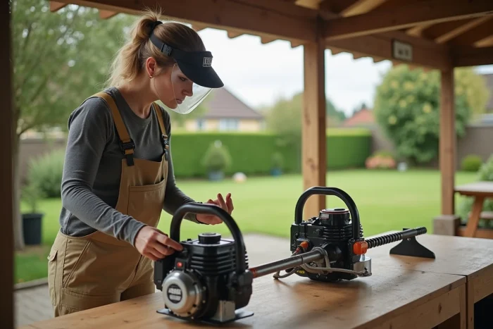 Femme comparant deux modèles de débroussailleuses thermiques sur un établi dans un atelier de jardin