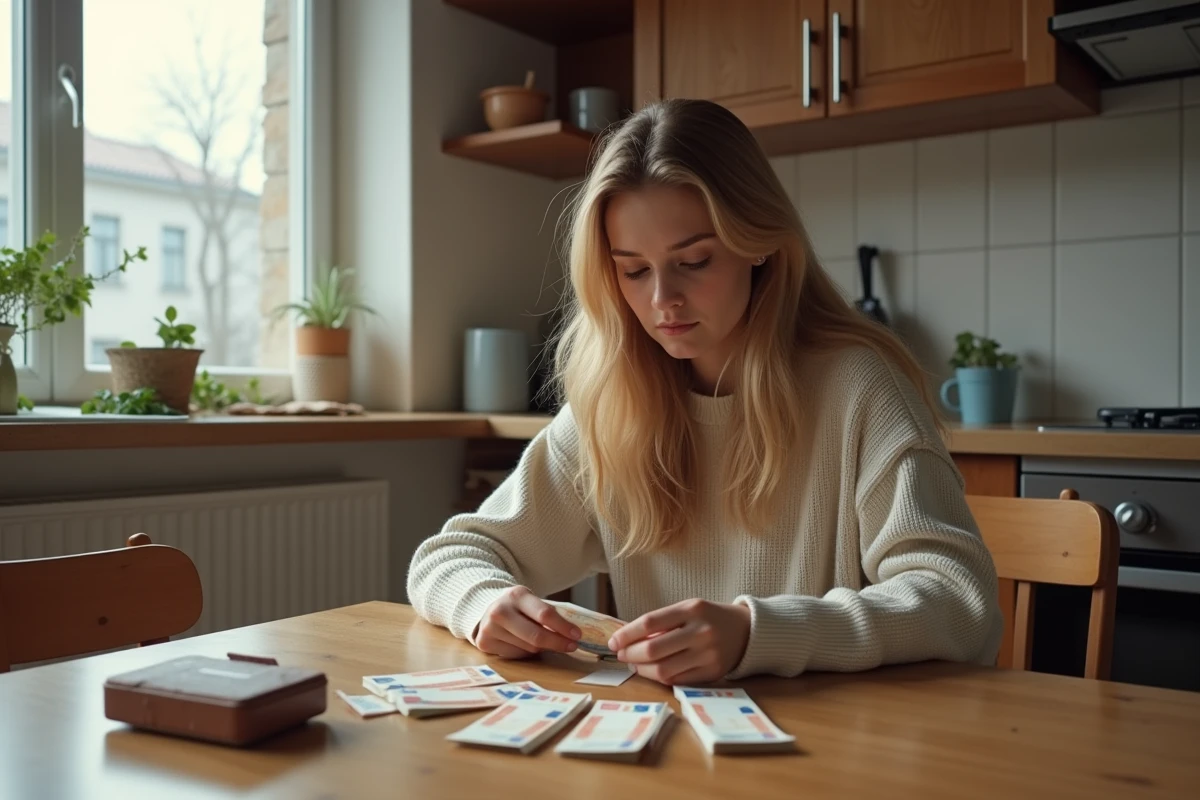 Jeune femme comptant des billets dans sa cuisine