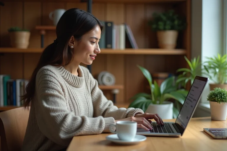 Jeune femme connectée à un tchat en ligne sur son ordinateur portable dans un bureau à domicile cosy