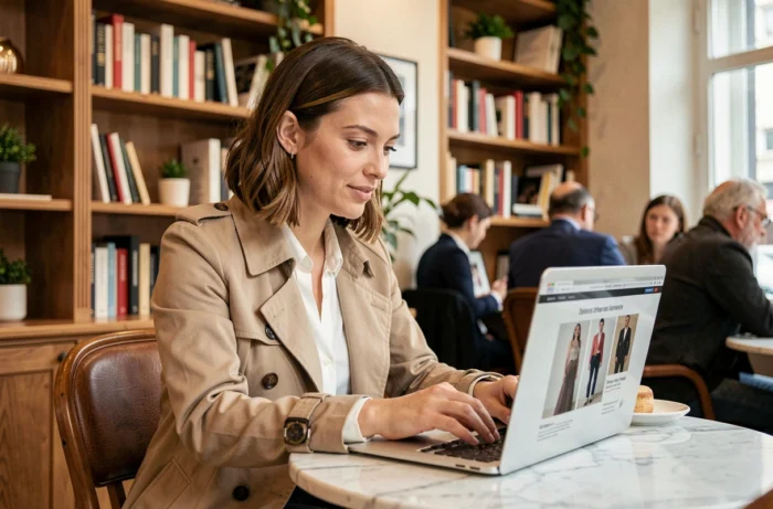 Femme élégante explorant un site de mode sur son ordinateur portable dans un café parisien moderne