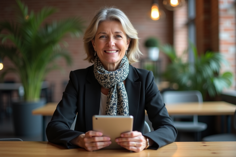 Femme entrepreneure souriante dans un espace coworking moderne