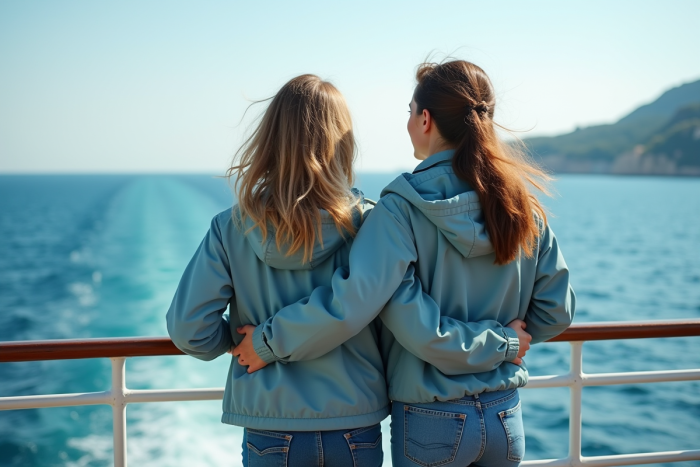 Mère et fille sur le pont d'un ferry en Méditerranée