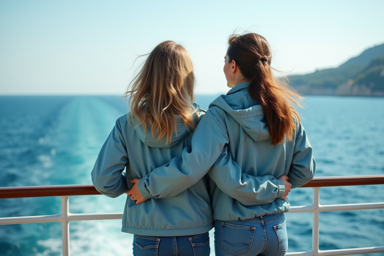 Mère et fille sur le pont d'un ferry en Méditerranée