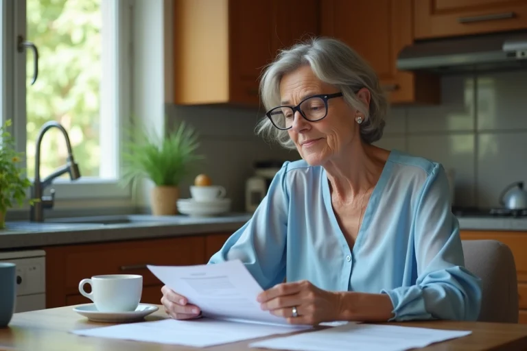 Femme française âgée lisant des papiers dans sa cuisine