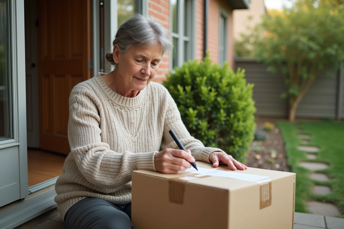 Femme mature étiquetant une boîte de déménagement sur la terrasse