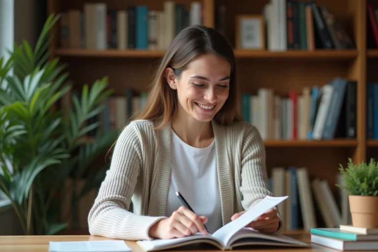 Femme lisant un livret de cours dans un espace calme