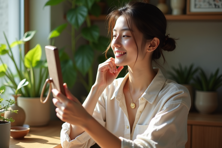 Jeune femme ajustant un collier en or dans un intérieur lumineux