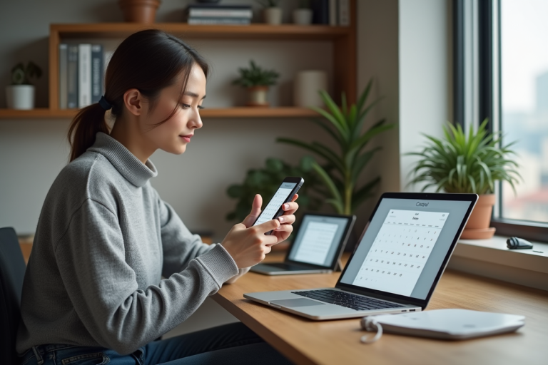 Jeune femme utilisant plusieurs appareils avec calendrier