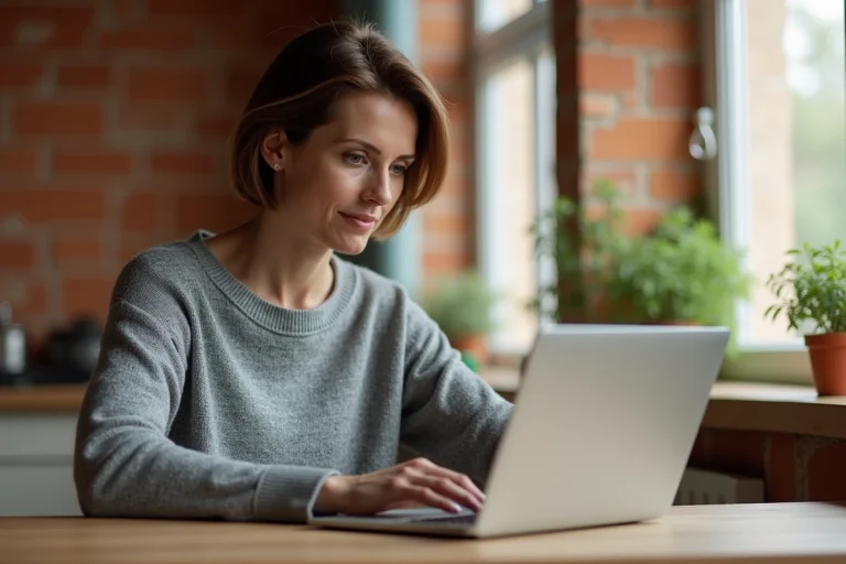 Femme utilisant un ordinateur portable dans une cuisine chaleureuse, illustrant la simplicité de l'informatique au quotidien