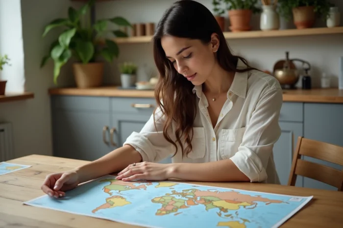 Jeune femme organisant ses documents de voyage à la maison