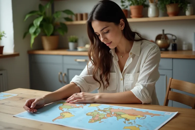 Jeune femme organisant ses documents de voyage à la maison