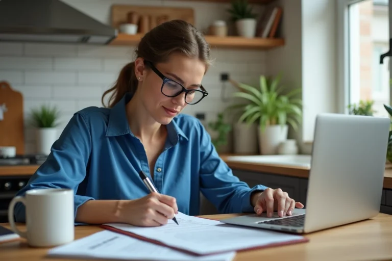 Femme remplissant des papiers administratifs à la maison