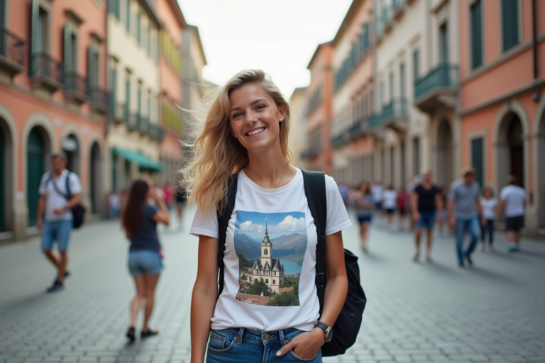 Femme souriante prenant une photo dans une place historique