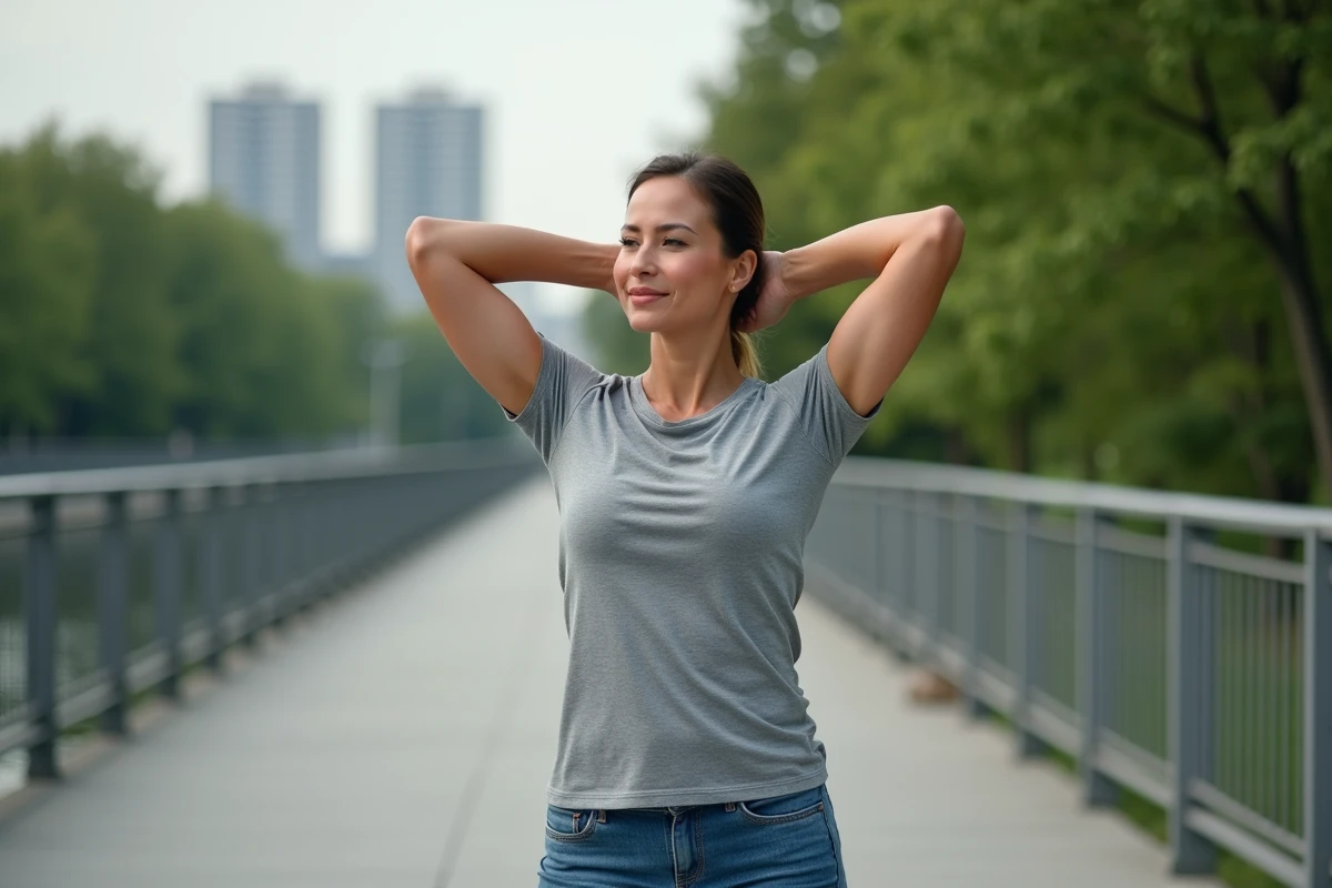 Femme en tshirt performance prête à courir dans un parc urbain
