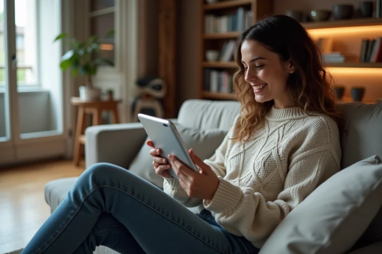 Jeune femme relaxant sur un sofa à Paris en utilisant une tablette