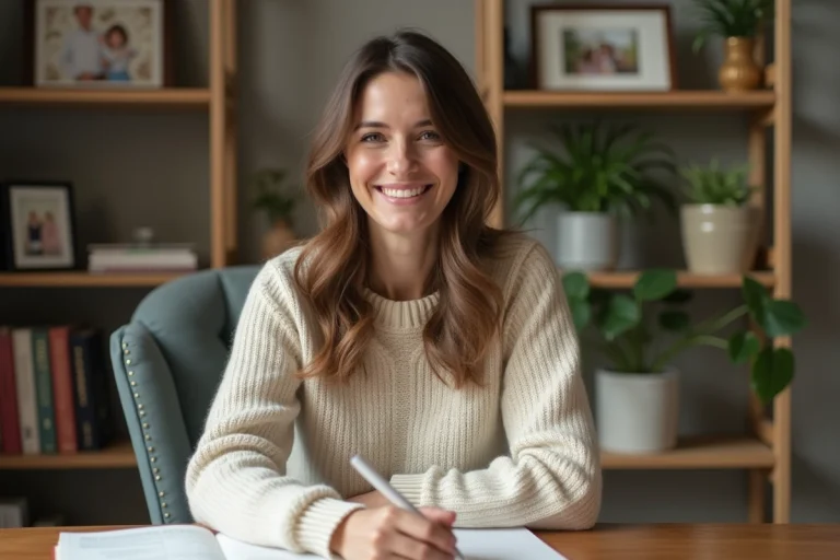 Femme souriante assise à un bureau dans un salon calme