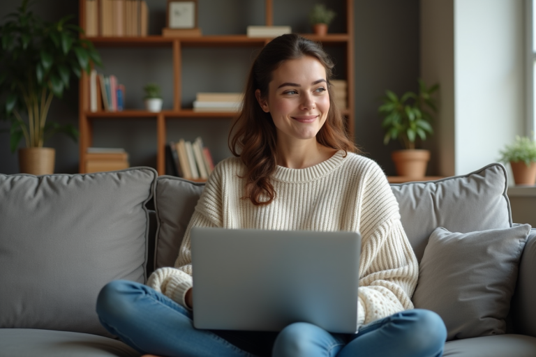 Jeune femme souriante faisant du shopping en ligne à la maison
