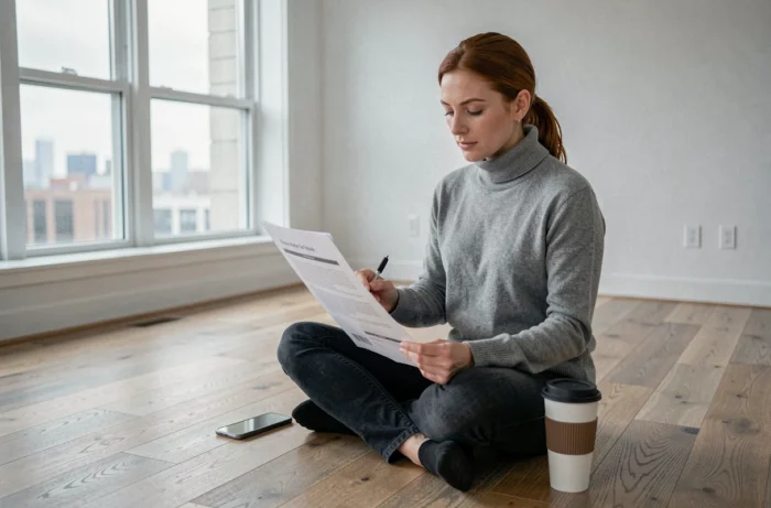 Femme seule dans un appartement vide examinant une simulation de prêt immobilier assise sur le parquet
