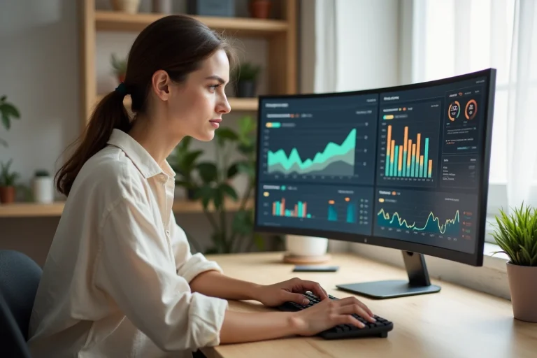 Femme trentenaire travaillant sur des tendances web 2024 devant un écran affichant des tableaux de bord analytiques dans un bureau moderne scandinave
