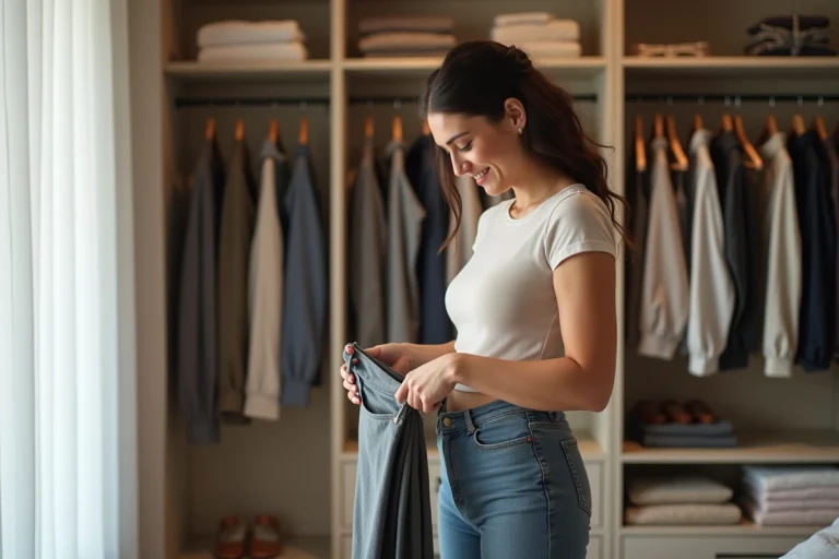 Femme comparant deux pantalons dans une chambre lumineuse