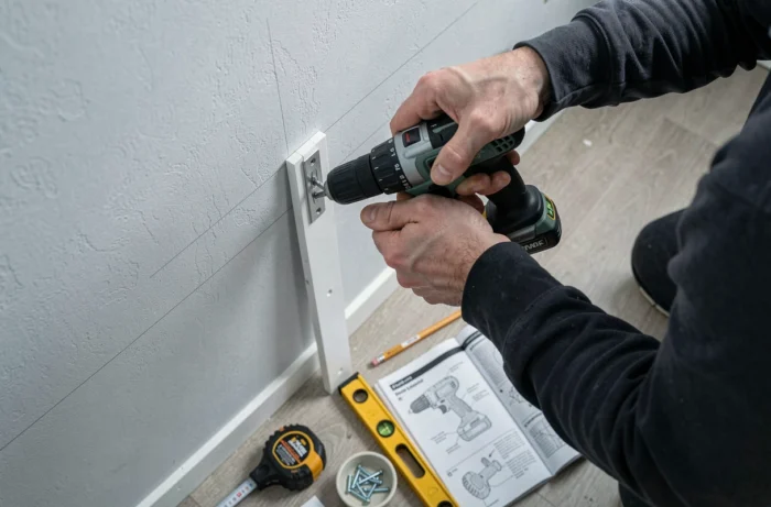 Gros plan sur des mains vissant une équerre de fixation sur un panneau blanc lors du montage d'un kit dressing, avec outils posés au sol