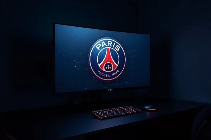 Fond d'écran PSG 4K dark affiché sur un écran OLED dans une pièce sombre avec ambiance bleue