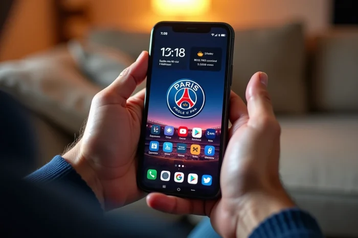 Mains tenant un smartphone avec un fond d'écran PSG personnalisé via une application de widgets