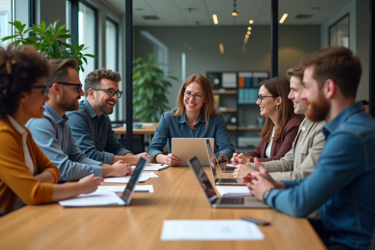 Groupe de professionnels en réunion dans un bureau moderne