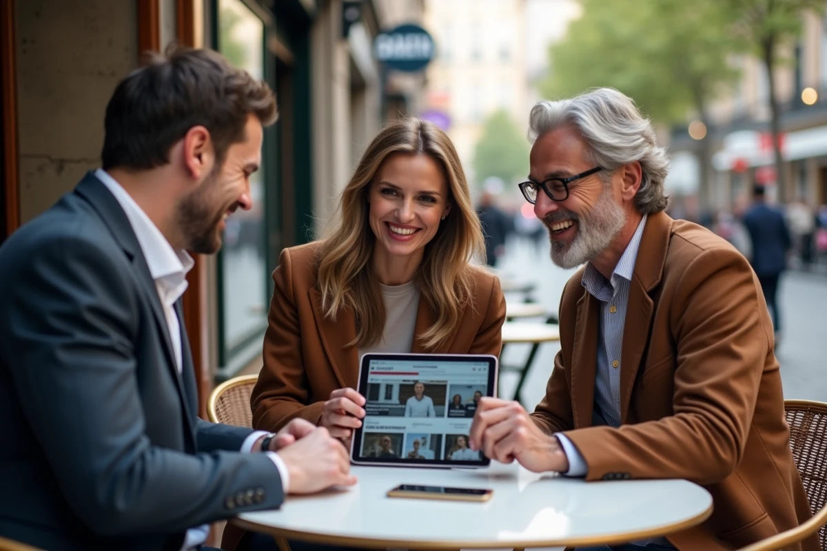 Groupe de trois personnes discutant dans un café en ville