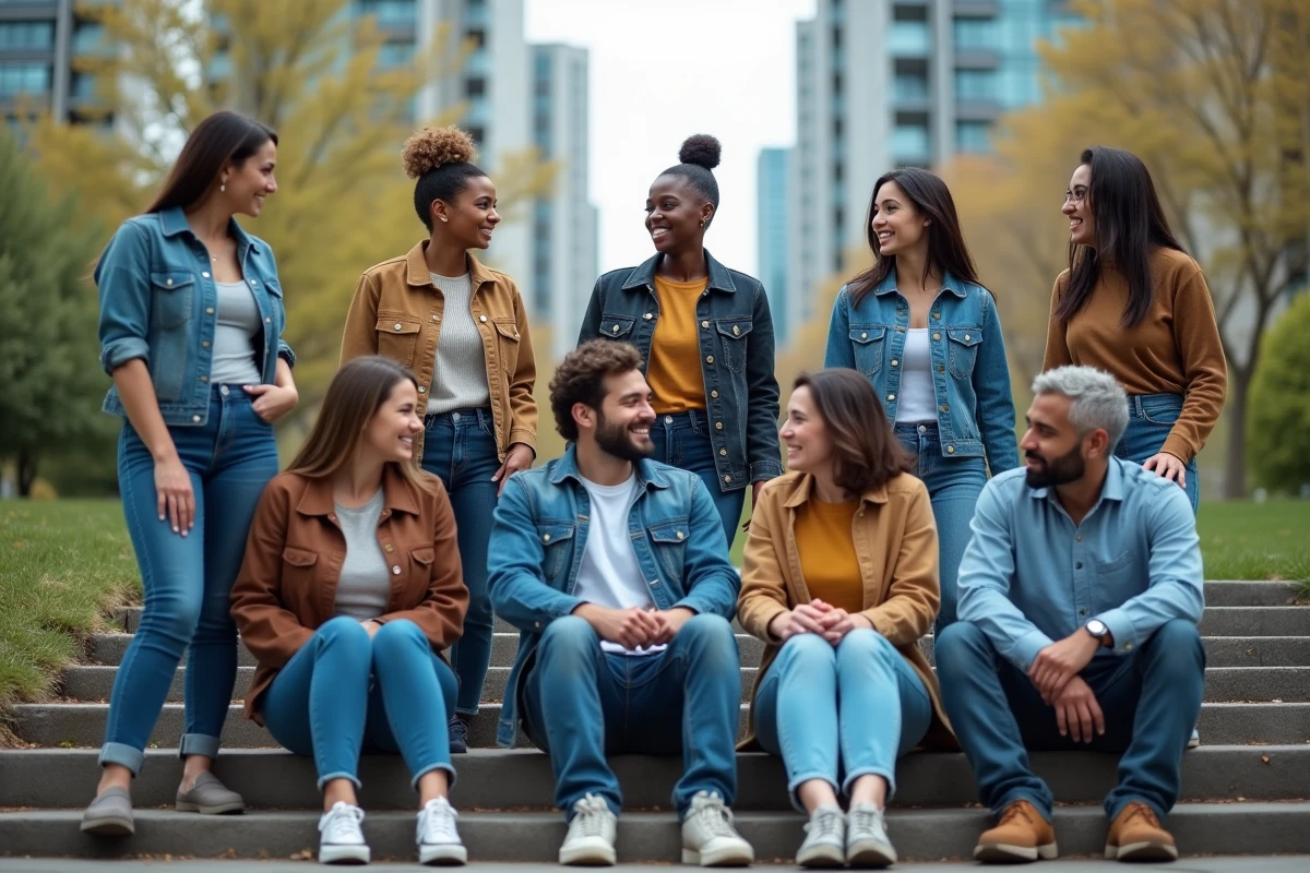 Groupe divers de personnes portant des jeans dans un parc urbain