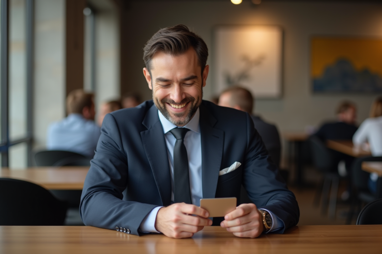 Homme en costume cravate examine une carte premium dans un café élégant