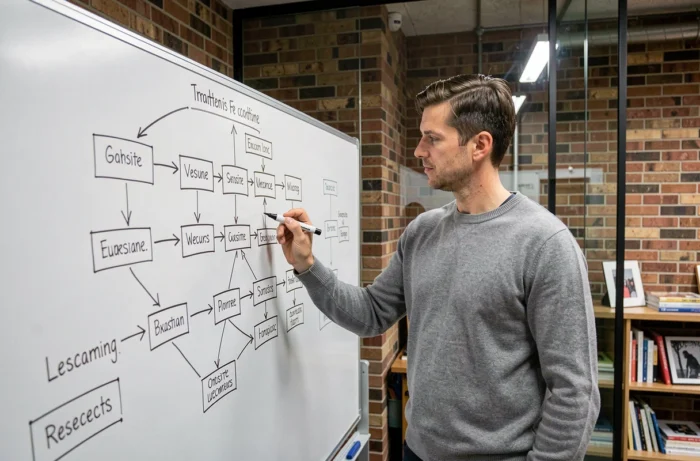 Homme dessinant l'architecture d'un plan de site sur un tableau blanc dans une salle de réunion créative