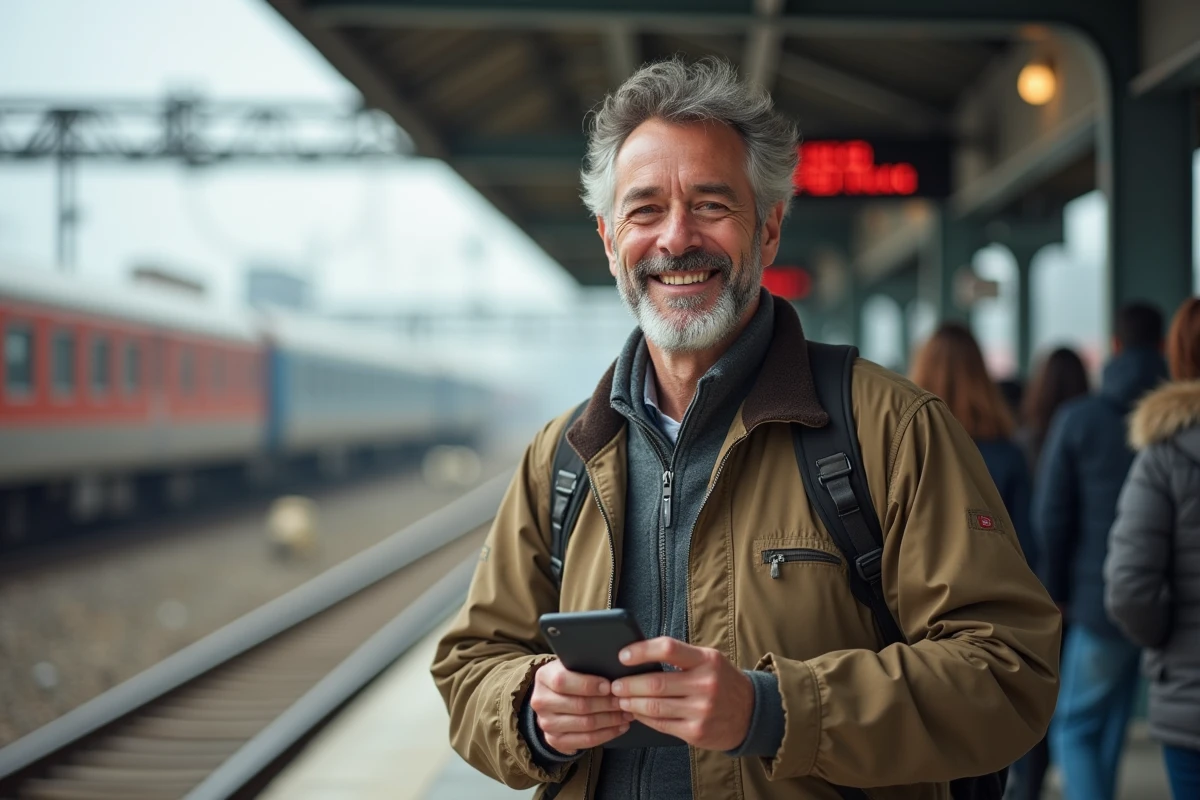 Homme souriant à la gare en préparant son voyage