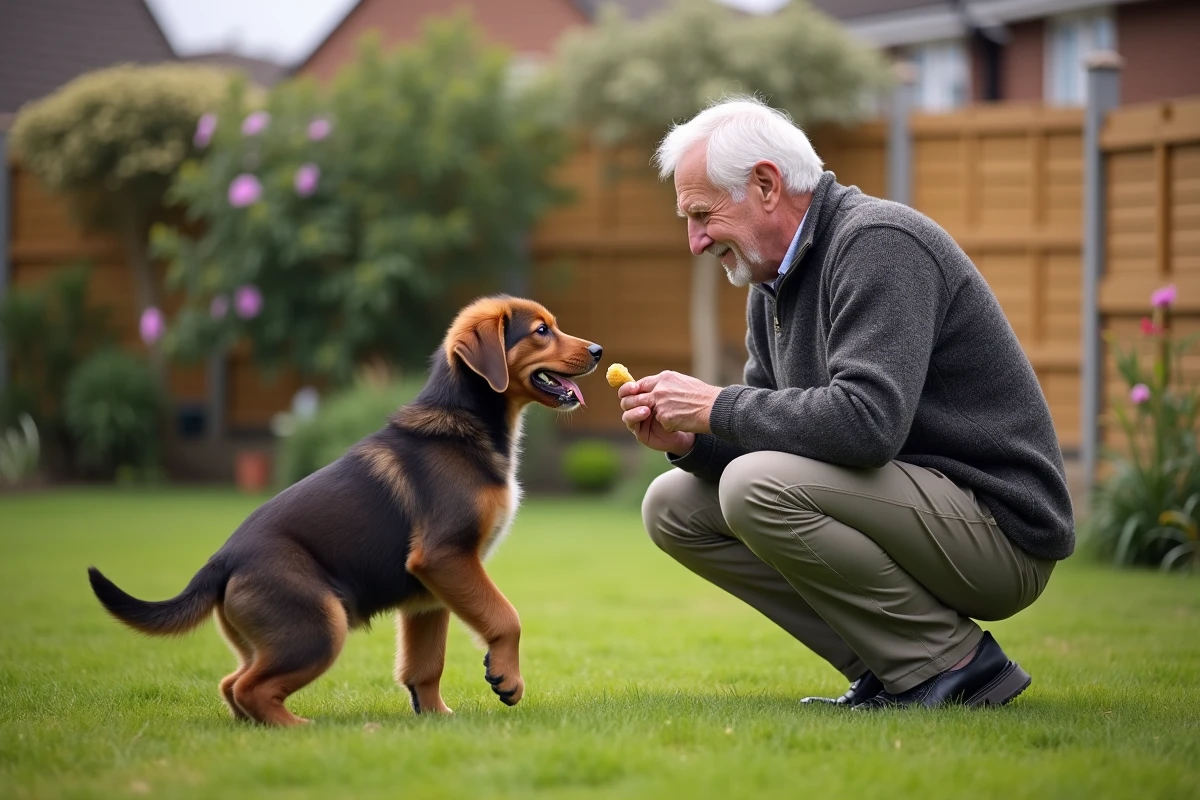 Homme âgé offrant une friandise à un chiot dans le jardin