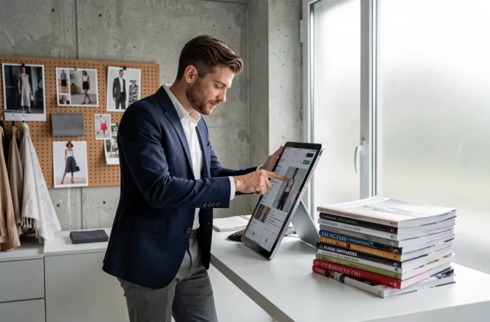 Homme branché consultant un site de mode tendance sur tablette dans un studio créatif minimaliste