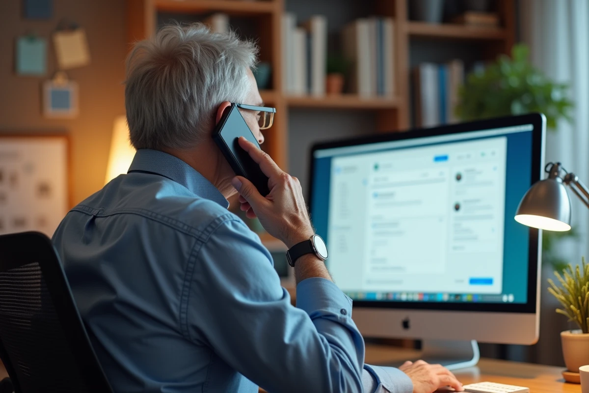 Homme âgé parlant au téléphone devant son ordinateur dans un bureau à domicile