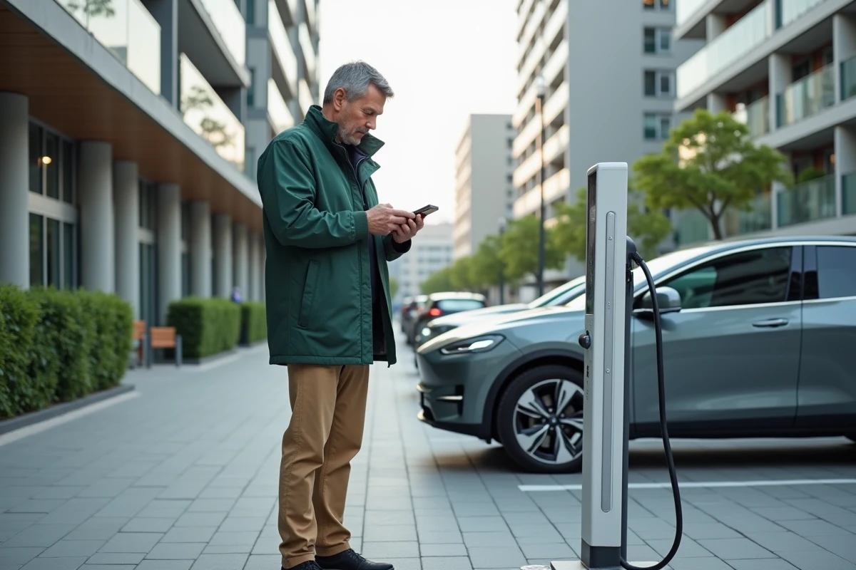 Homme utilisant son smartphone près d une station de recharge électrique