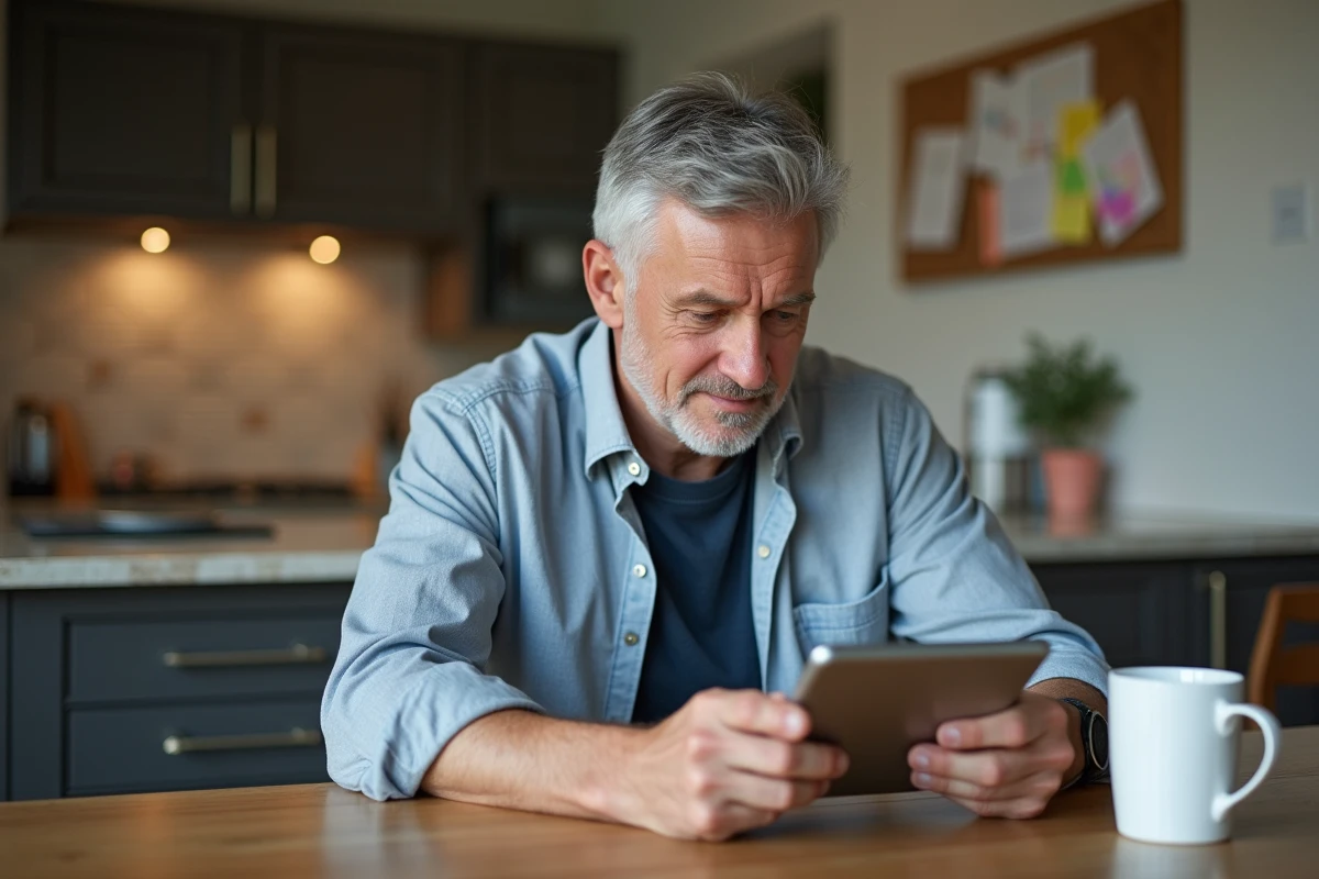 Homme d age moyen lisant ses mails à la maison