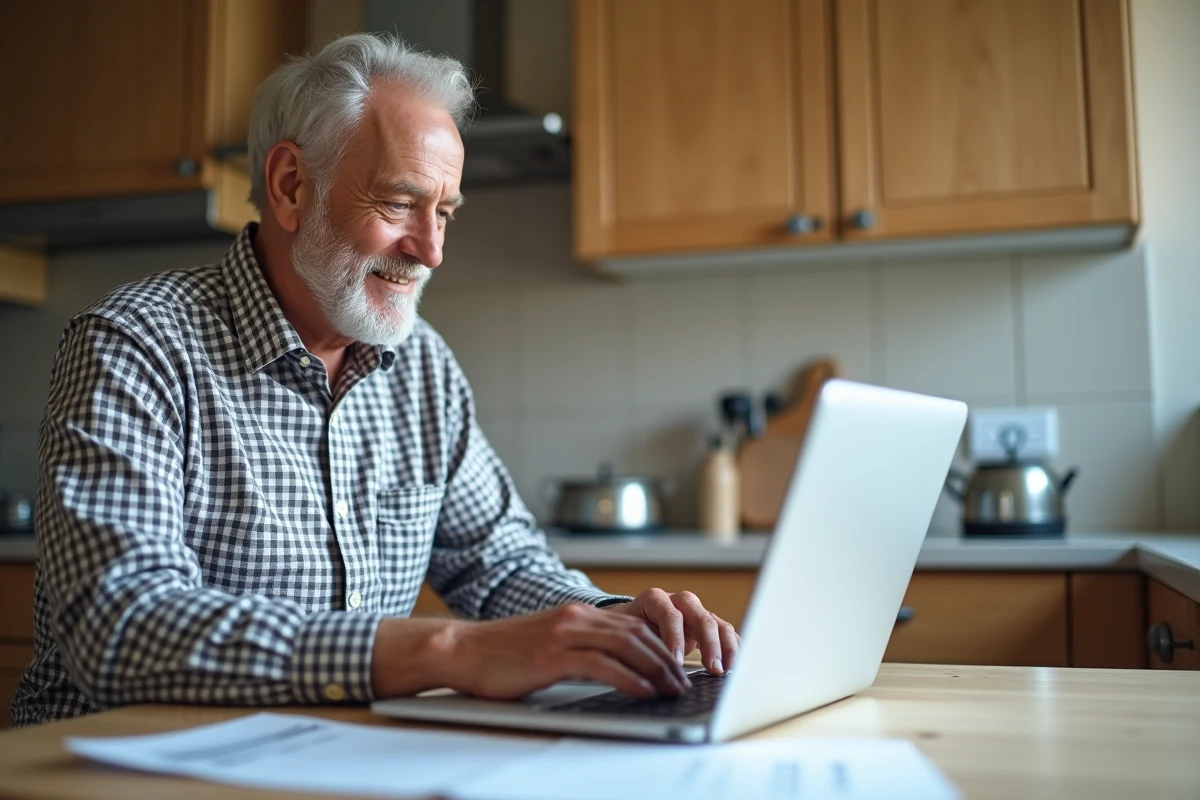 Homme âgé à la cuisine utilisant son ordinateur portable