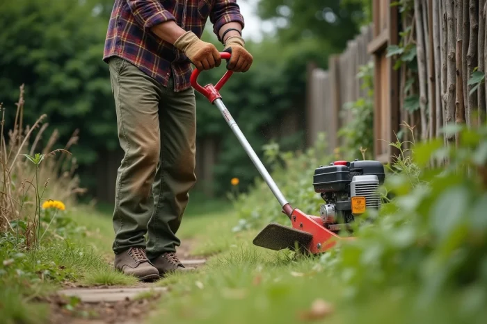 Homme utilisant une débroussailleuse thermique pour entretenir les bordures d'un jardin rural en été