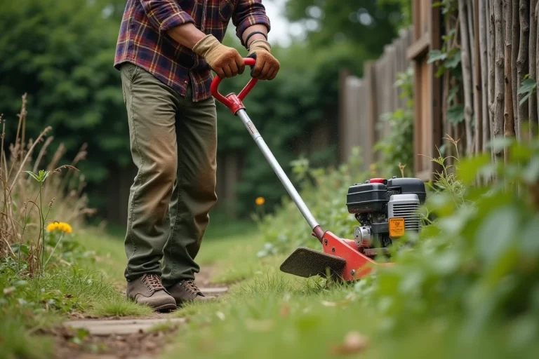 Homme utilisant une débroussailleuse thermique pour entretenir les bordures d'un jardin rural en été