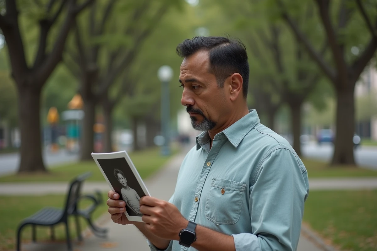 Homme latino regardant une photo d