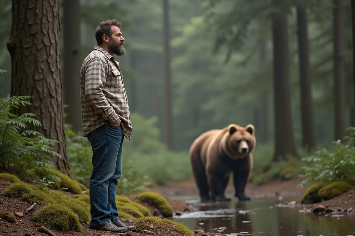 Homme contemplant un ours dans la forêt calme