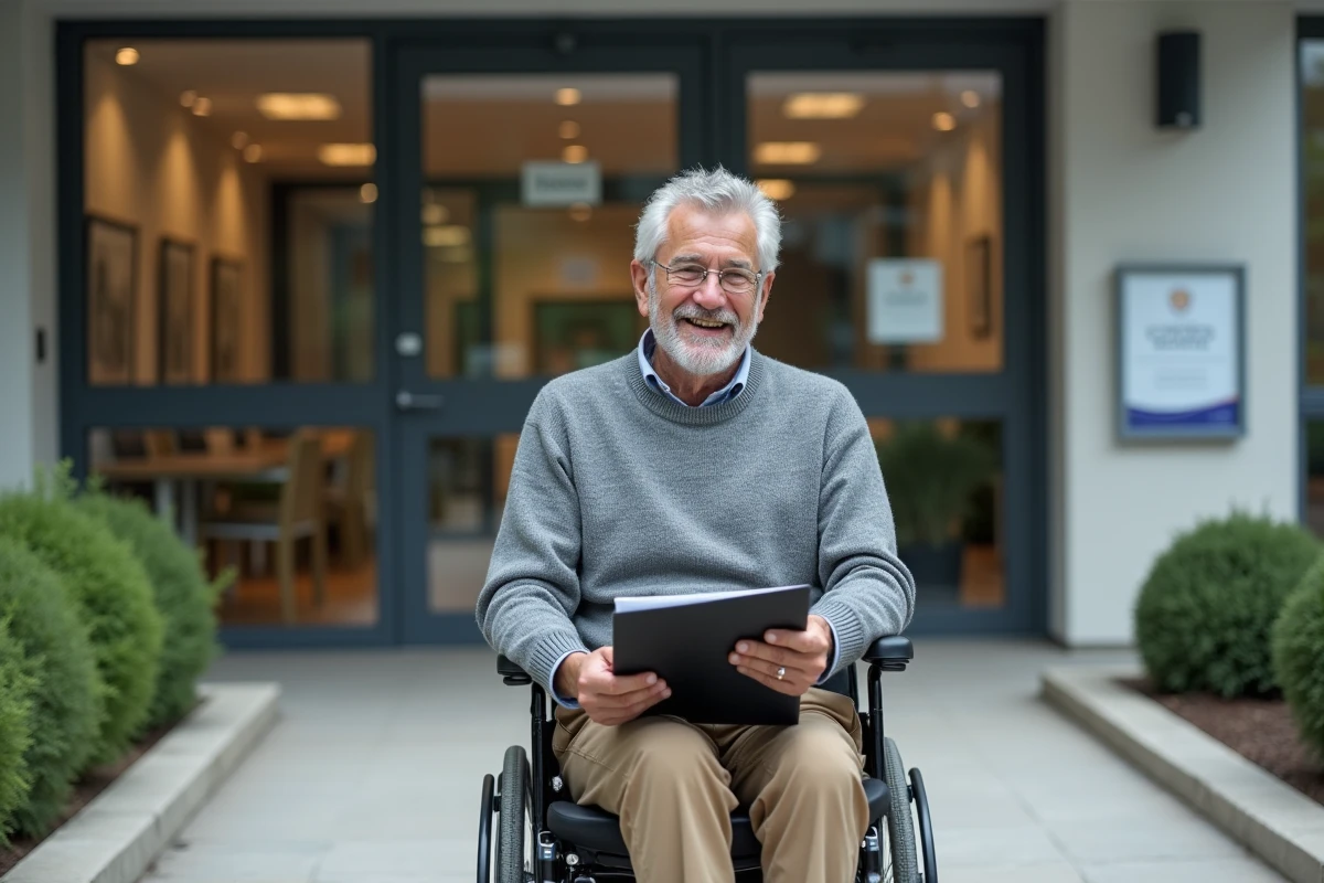 Homme français souriant entrant dans un bâtiment public