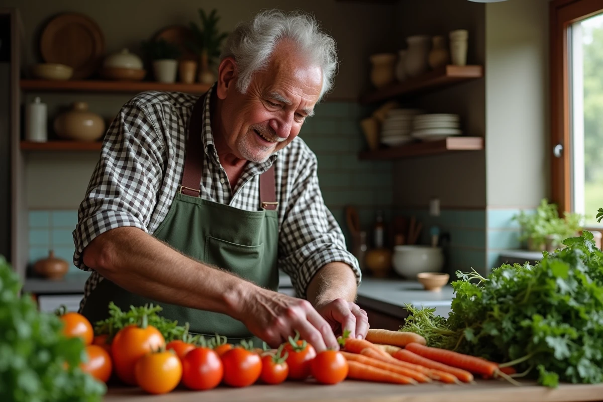 Homme âgé préparant des légumes dans une cuisine rustique