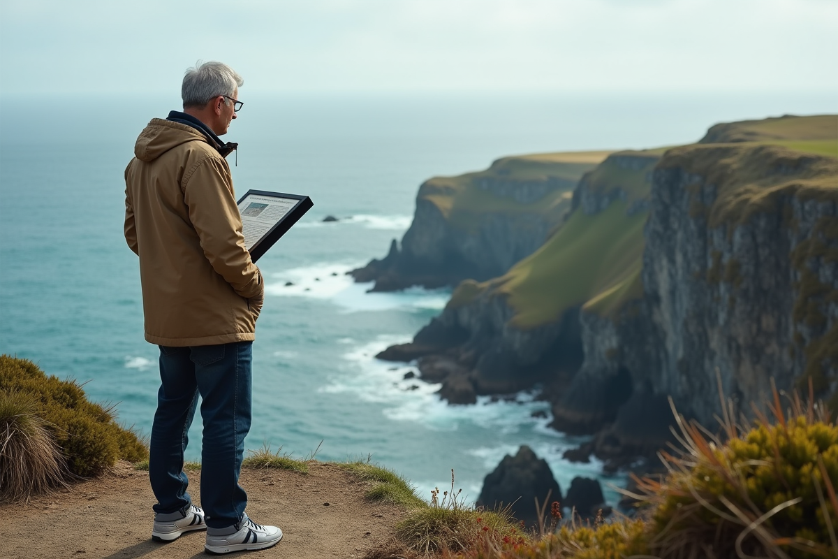 Homme lisant une plaque d information sur une falaise côtière
